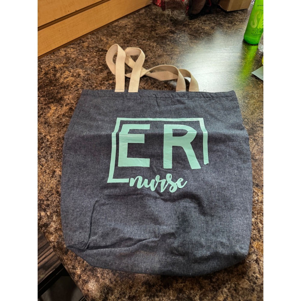 ER Nurse Denim Canvas Tote Bag Dark Wash Blue Mint Green Graphic Reusable